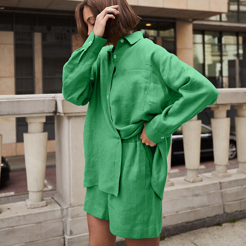 Dame afslappet linned skjorte og shorts sæt med løs pasform Stilla