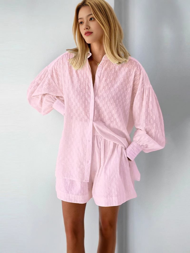 Dame afslappet skjorte-shorts-sæt med dekorativ struktur Stilla