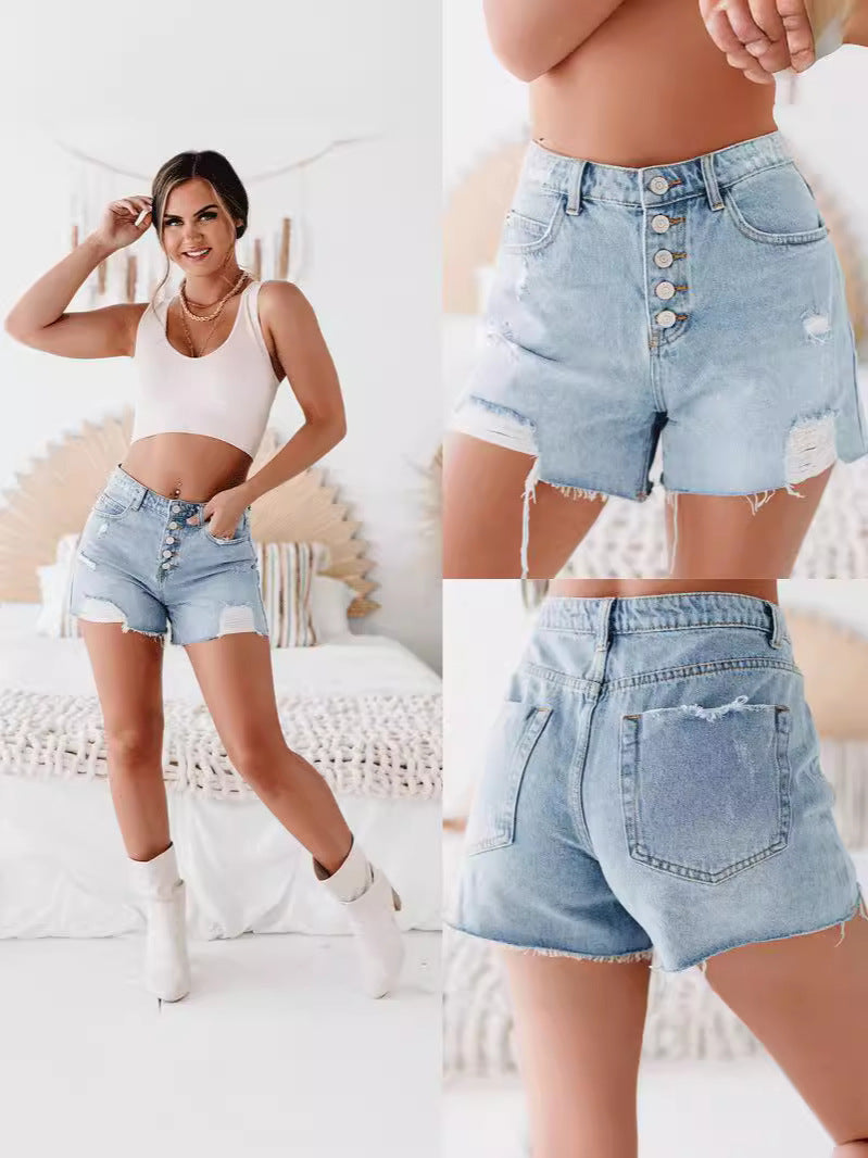 Dame Denim-shorts med høj talje og distressed-detaljer Stilla