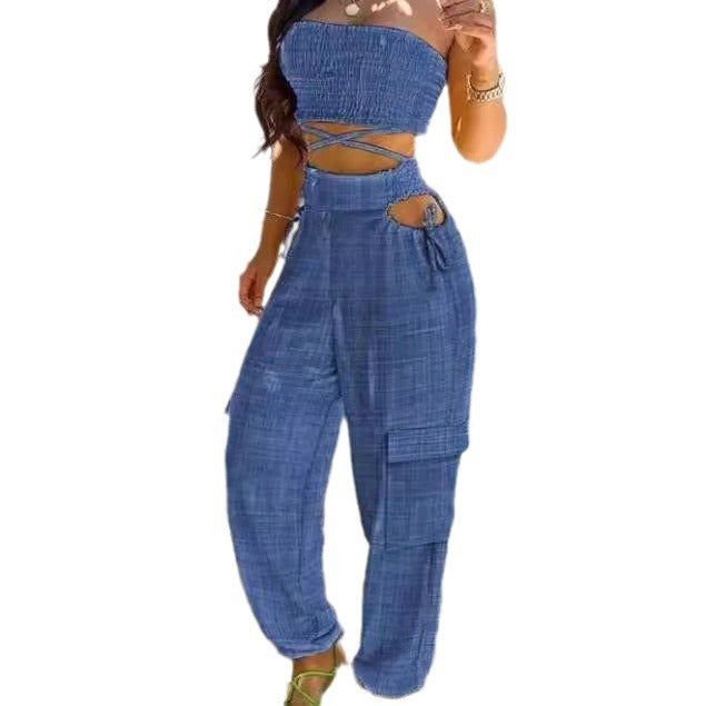 Dame afslappet sæt med crop top og high-waist cargo bukser Stilla