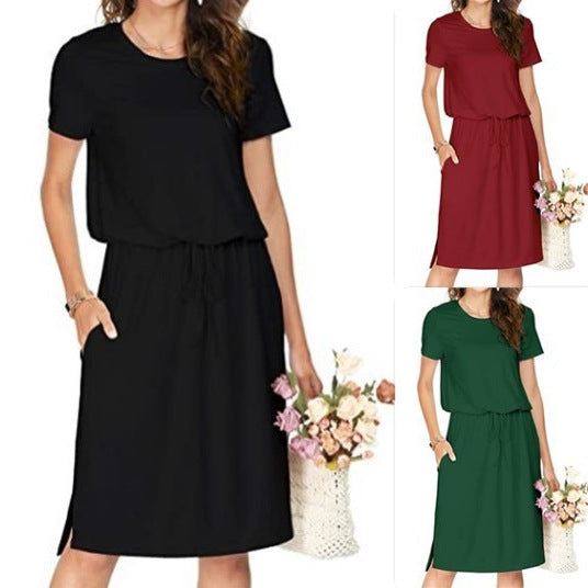 Dame afslappet midi-kjole med elastisk talje bånd og praktiske lommer Stilla