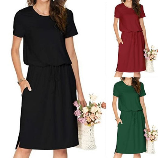 Dame afslappet midi-kjole med elastisk talje bånd og praktiske lommer Stilla