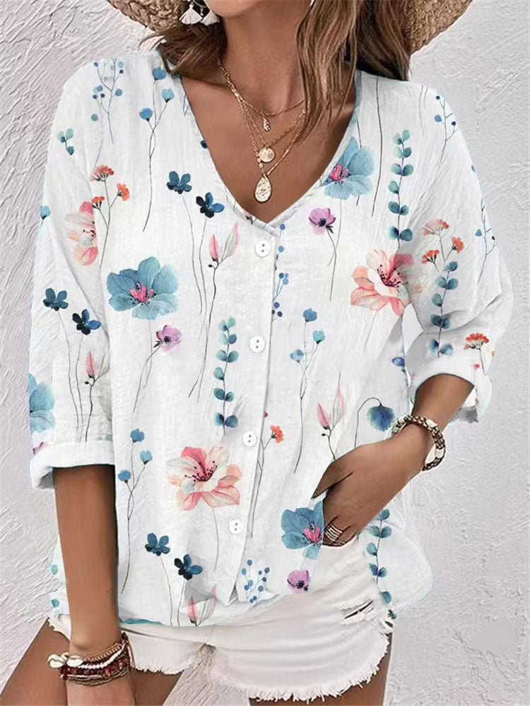 Damebluse med blomstertryk og halve ærmer Stilla