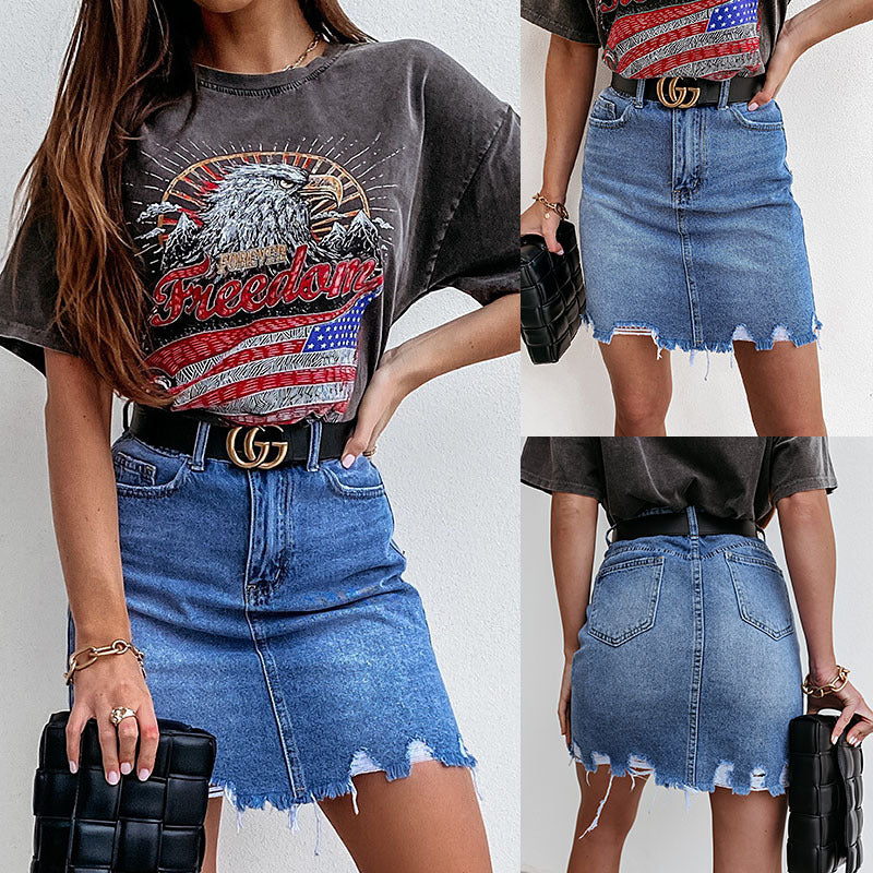 Dame denimnederdel i moderne destroyed-look med høj talje og frynsekanter Stilla