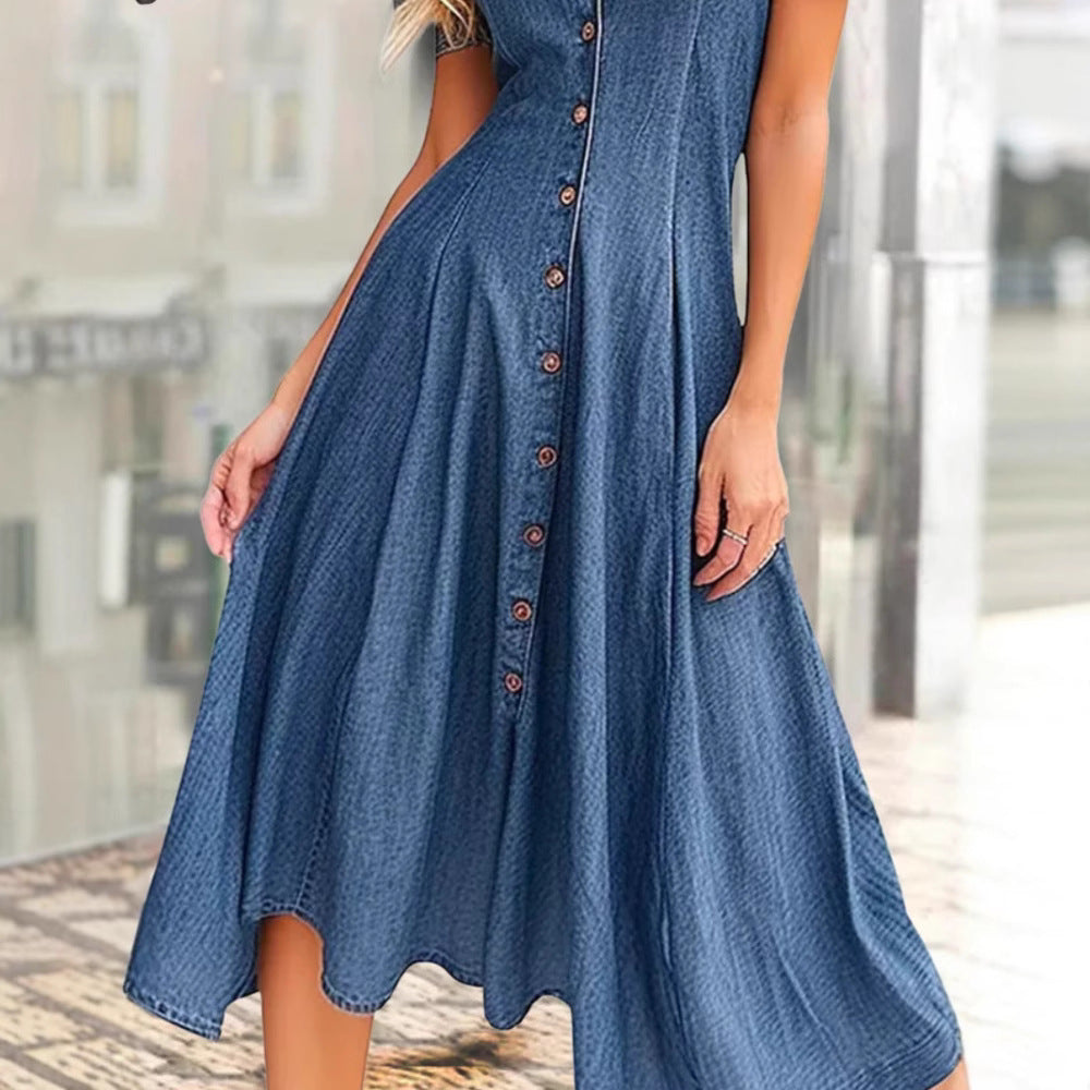 Dame Denim Knap-Up Midi Kjole Stilla