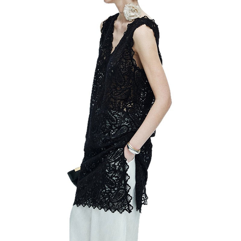 Dame elegant hækle top med dyb V-halsudskæring og flydende snit Stilla