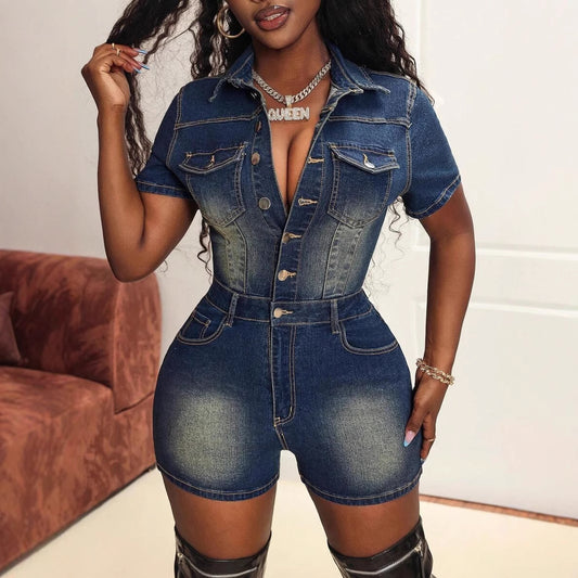 Dame Denim Kort Overall med Knaplukning og Taljeret Snit Stilla