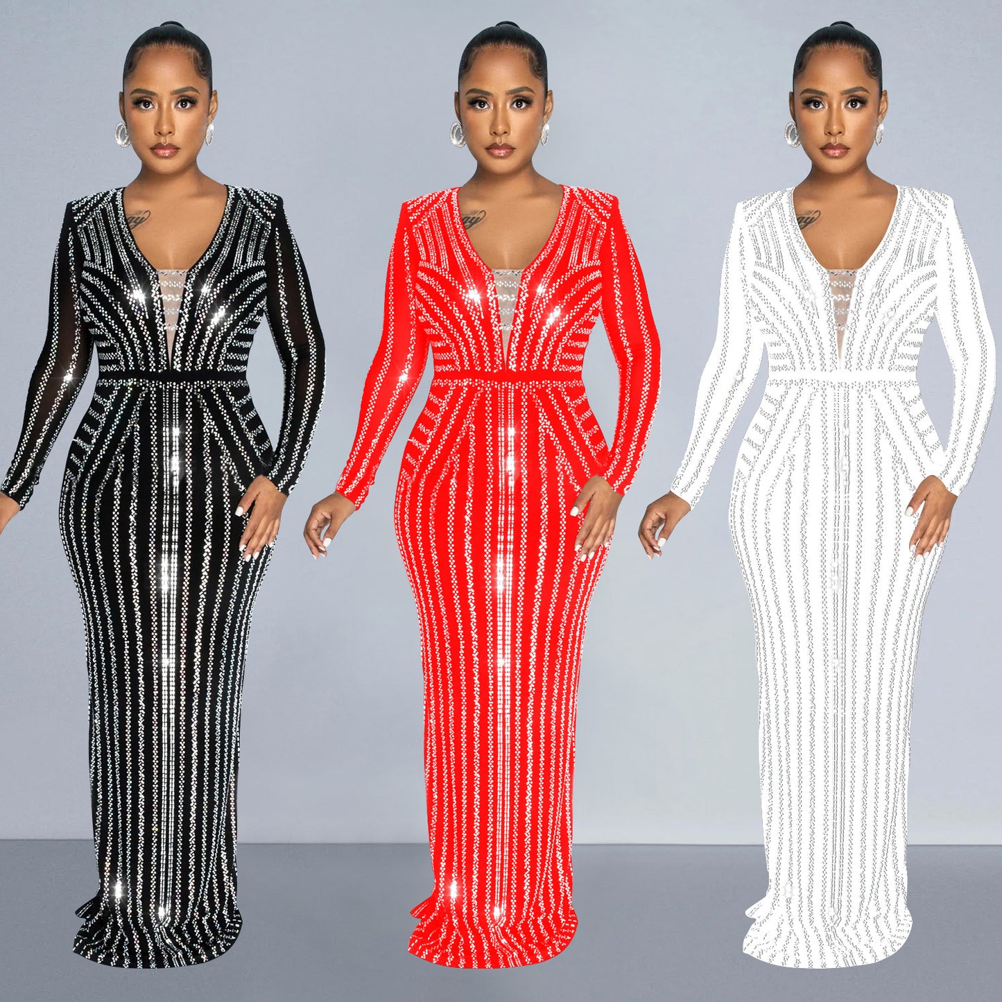 Dame Eksklusiv Aftenkjole med glitrende Pailletter og dyb V-udskæring Stilla