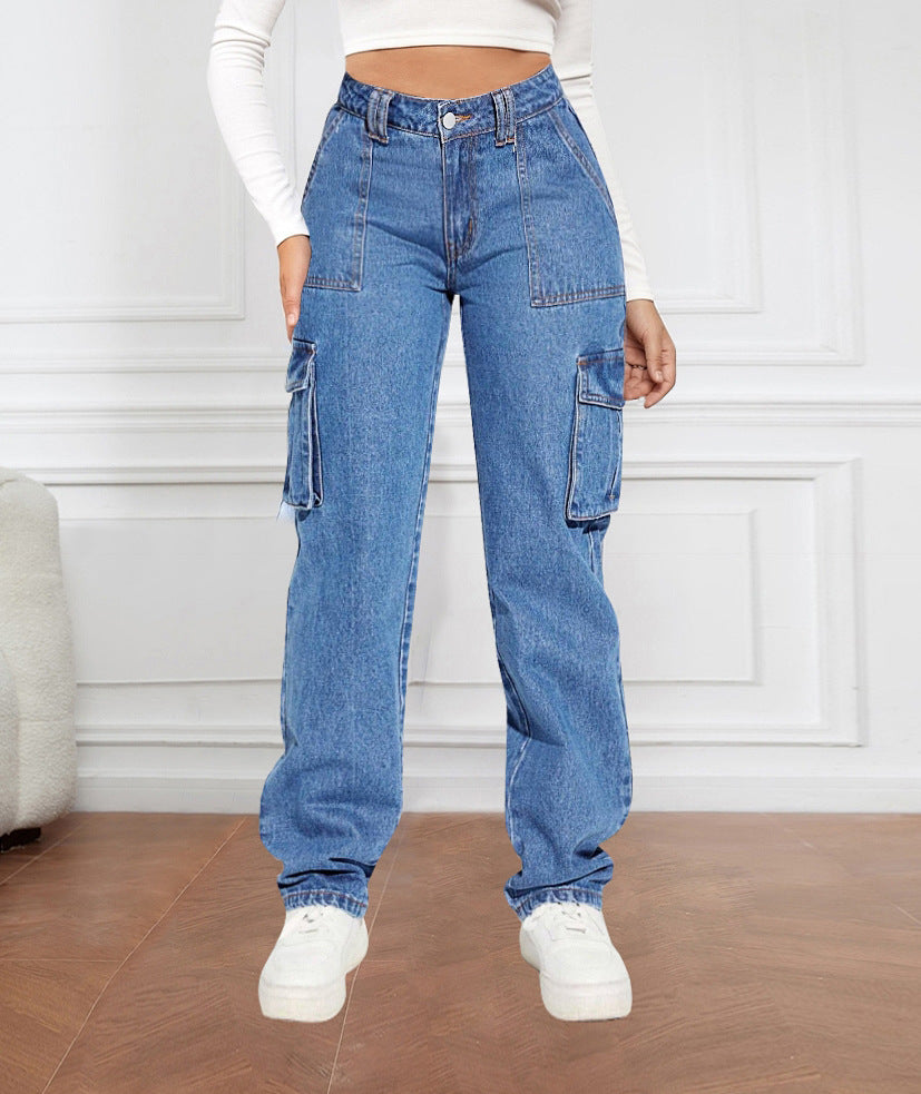 Dame Cargo Jeans med høje sidelommer og elastisk kant Stilla