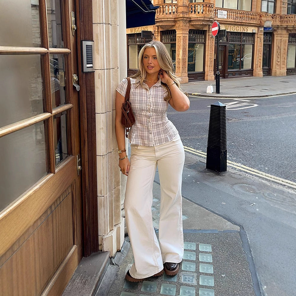 Dame Designer Bluse med figursyet snit og ternet mønster Stilla