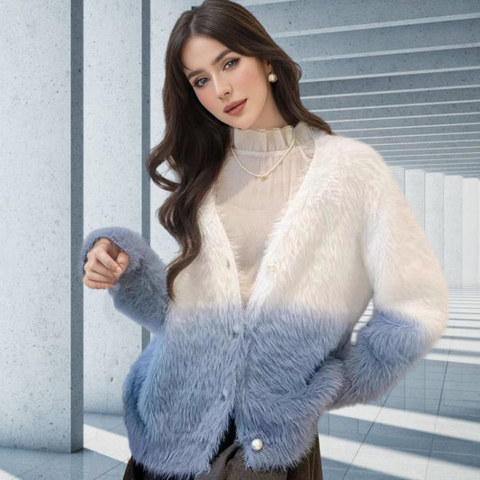Dame moderigtig strikcardigan med elegant kunstpels og knaplukning Stilla