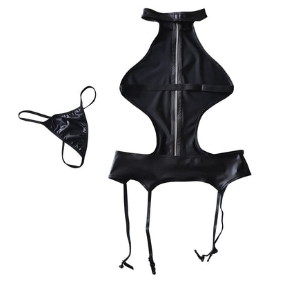 Kvinder Højskåret Vinyl Bodysuit med Lynlåsdetalje Stilla