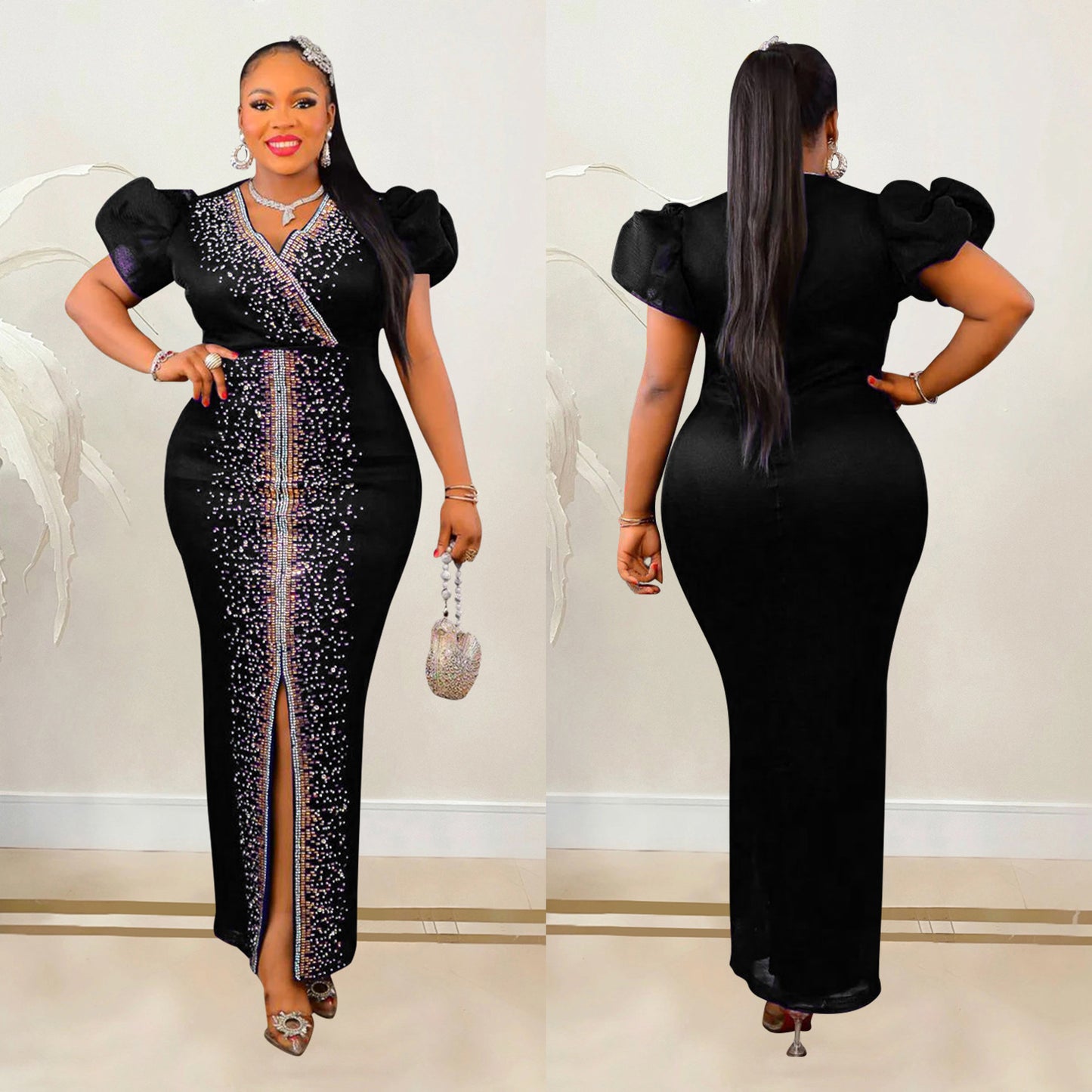 Dame Elegant Aftenkjole med kunstneriske Pailletter og ekstravagante Puffærmer Stilla