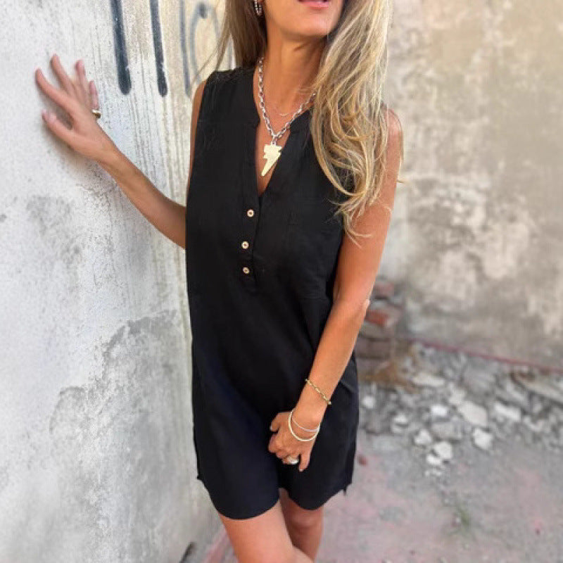 Dame afslappet linnedkjole med knapliste og sidelæg Stilla