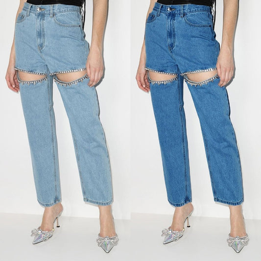 Dame højskårne jeans med stribede cut-out-detaljer og stilfulde strass-applikationer Stilla