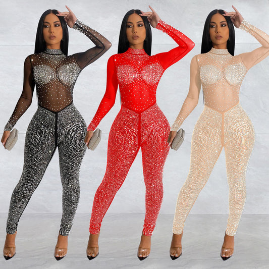 Dame Glitrende Body-Jumpsuit med transparente indsatser og eksklusive strass dekorationer Stilla