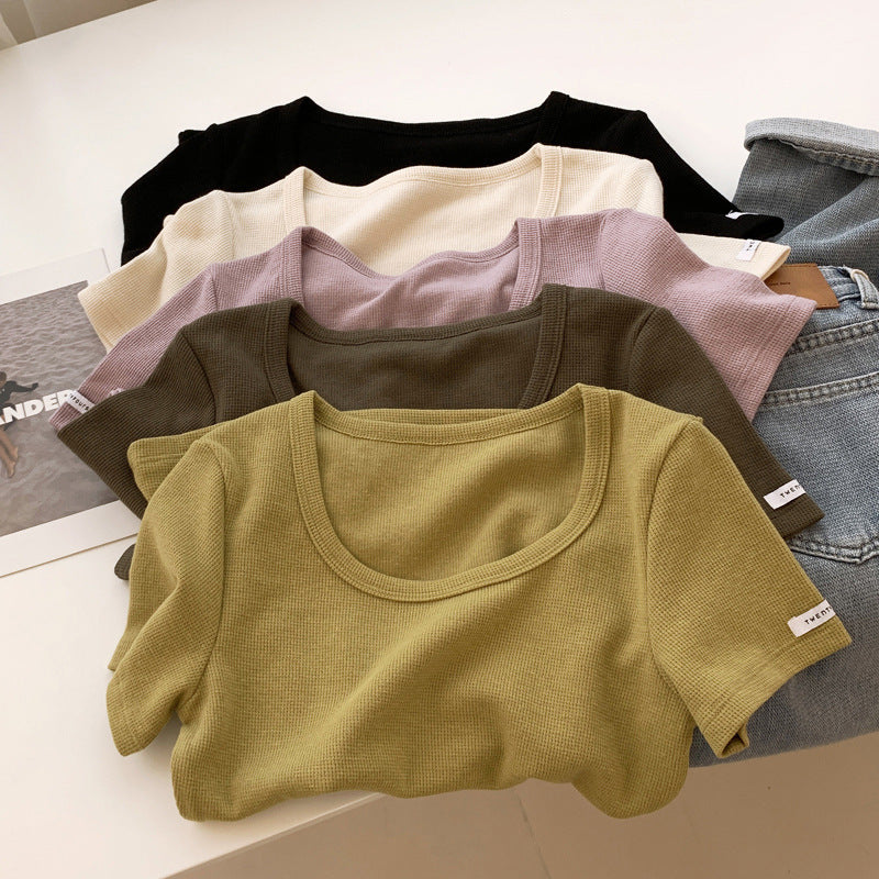 Femme Rib-strik Stretch Korte ærmer top Stilla