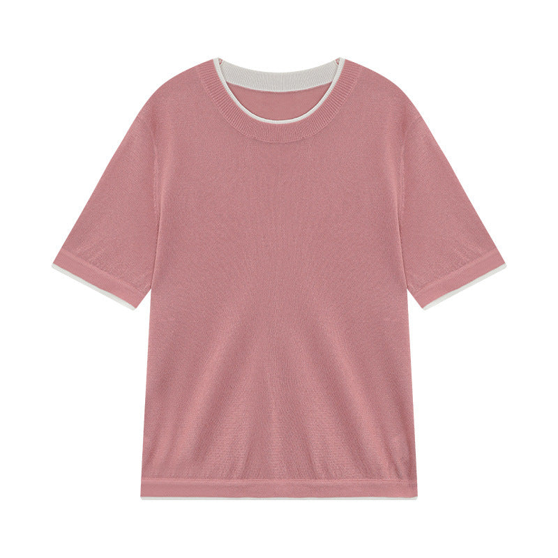 Dame afslappet netshirt med høj rund halsudskæring og korte ærmer Stilla