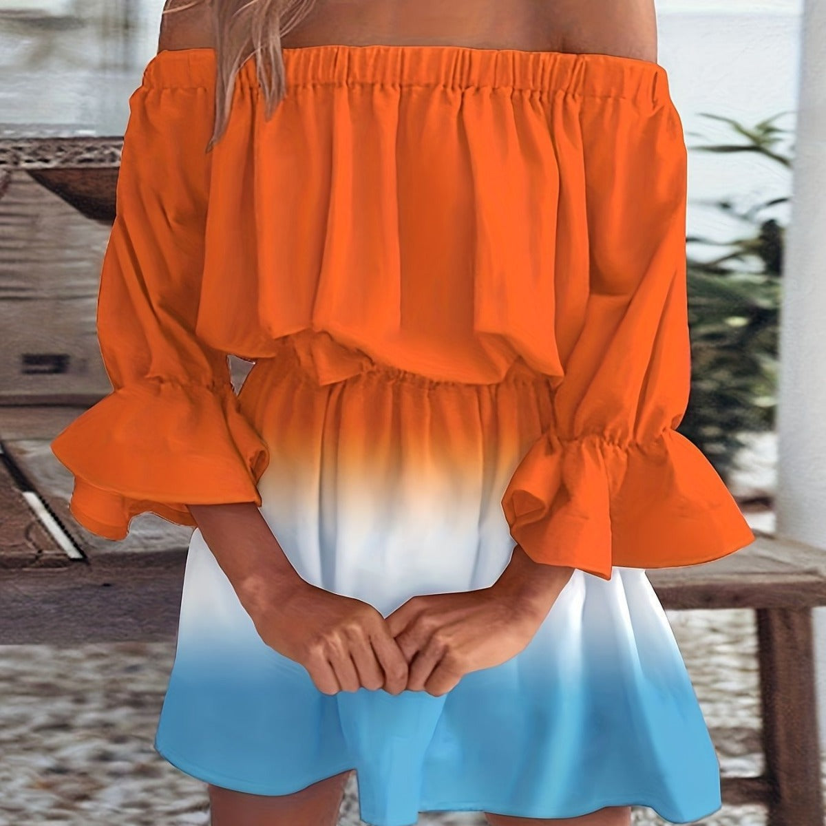 Dame Off-Shoulder Kjole med Rüschedetaljer og elastisk Bund Stilla