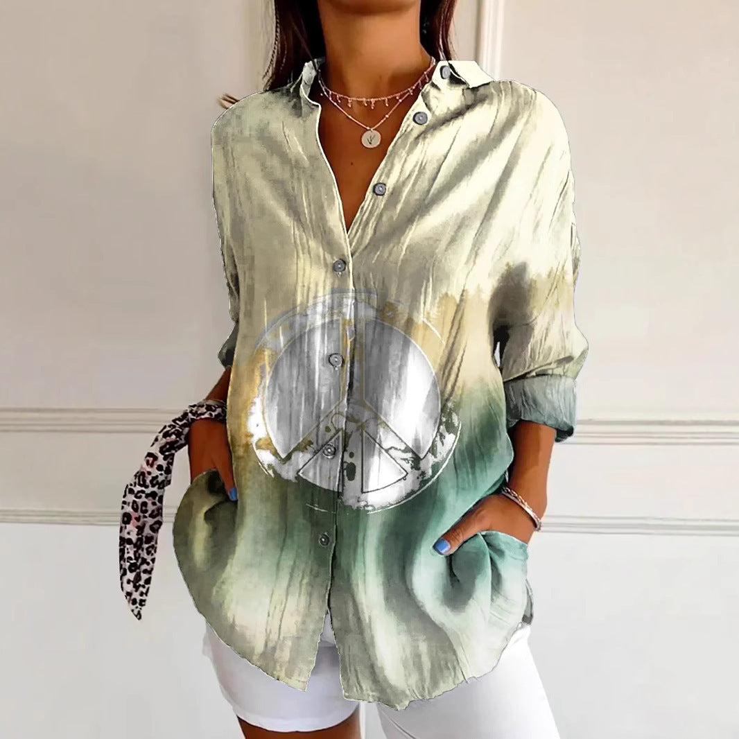 Dame afslappet bluse med farverigt freds-motiv og eksklusiv stof Stilla