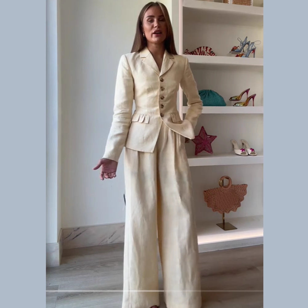 Dame elegant buksedragt sæt med figursyet jakke og bredt skåret bukser Stilla