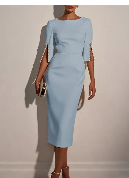 Dame elegant brudekjole med lange ærmer og perleudsmykninger Stilla