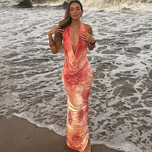 Dame Elegant aftenkjole med dyb udskæring og flydende stof Stilla