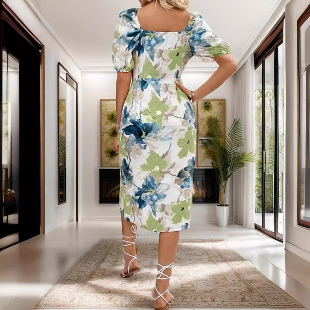 Dame Elegant Floral Midi Kjole Stilla