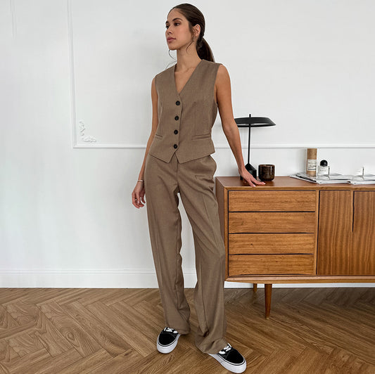 Dame Elegant jakkesæt med ærmeløs blazer og bred ben Stilla