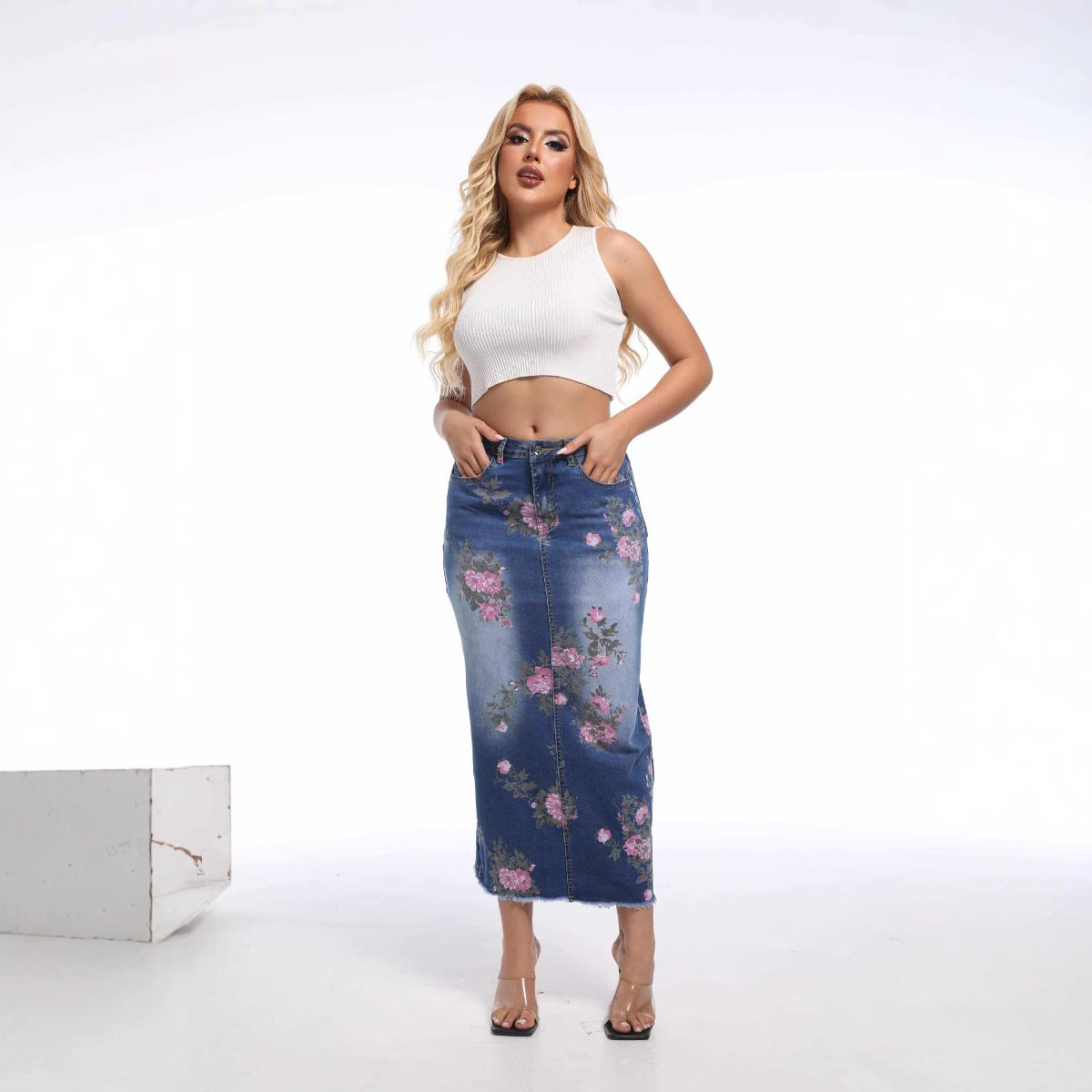 Dame Denim Maxiskørt med florale applikationer og høj talje Stilla