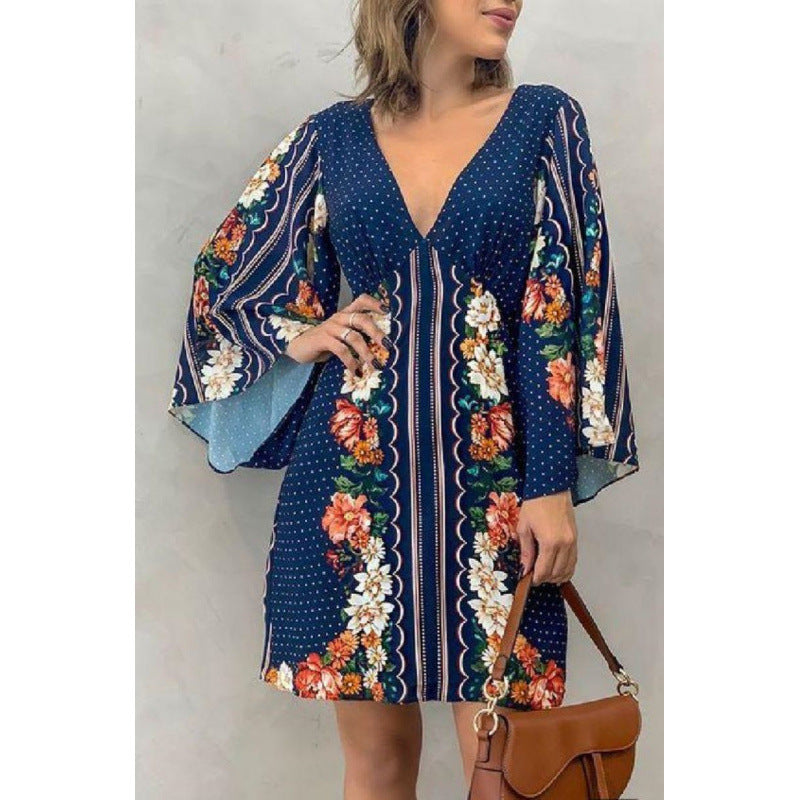 Dame Elegant Floral-Print Mini-Kjole med Klokkeærmer Stilla