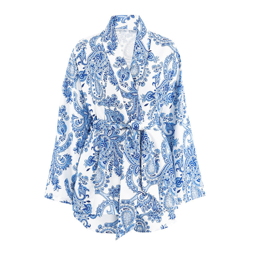 Dame Kimono-Style Morgenkåbe med Paisley-mønster og Talje-bælte Stilla
