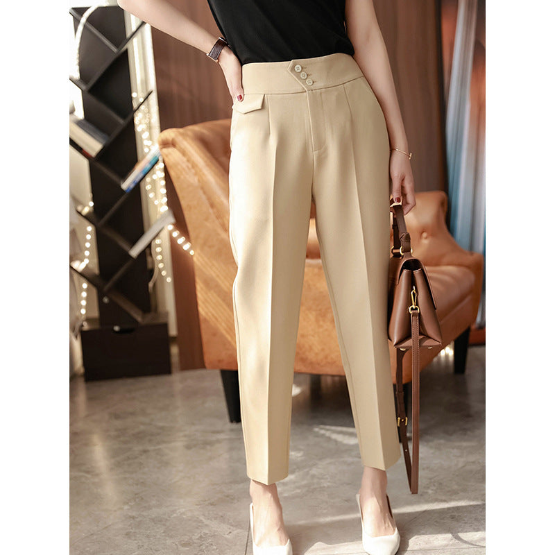 Dame elegant høj talje bukser med knapdetaljer og smal benform Stilla