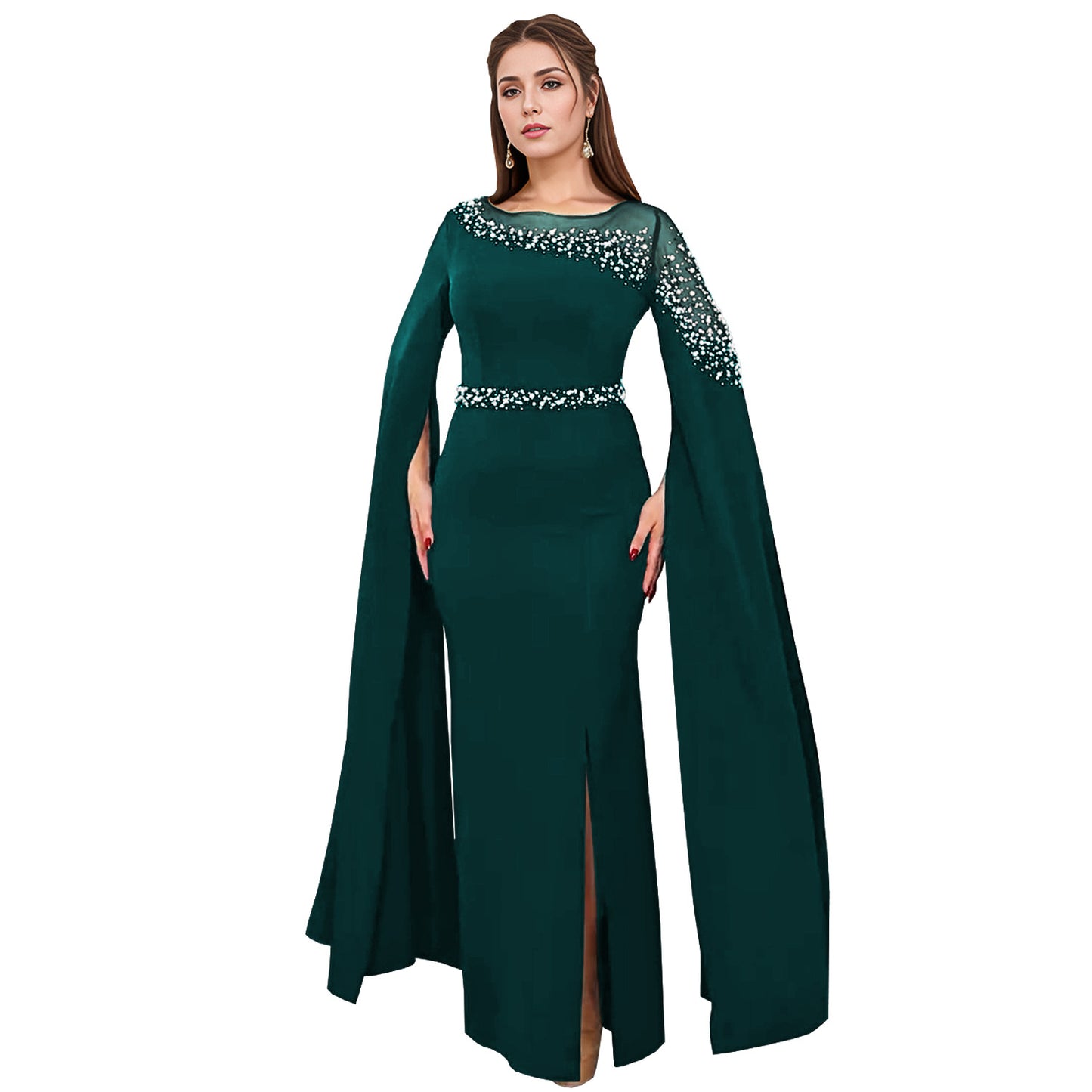 Dame elegant aftenkjole med forførende kappeærmer og fine strassdekorationer Stilla