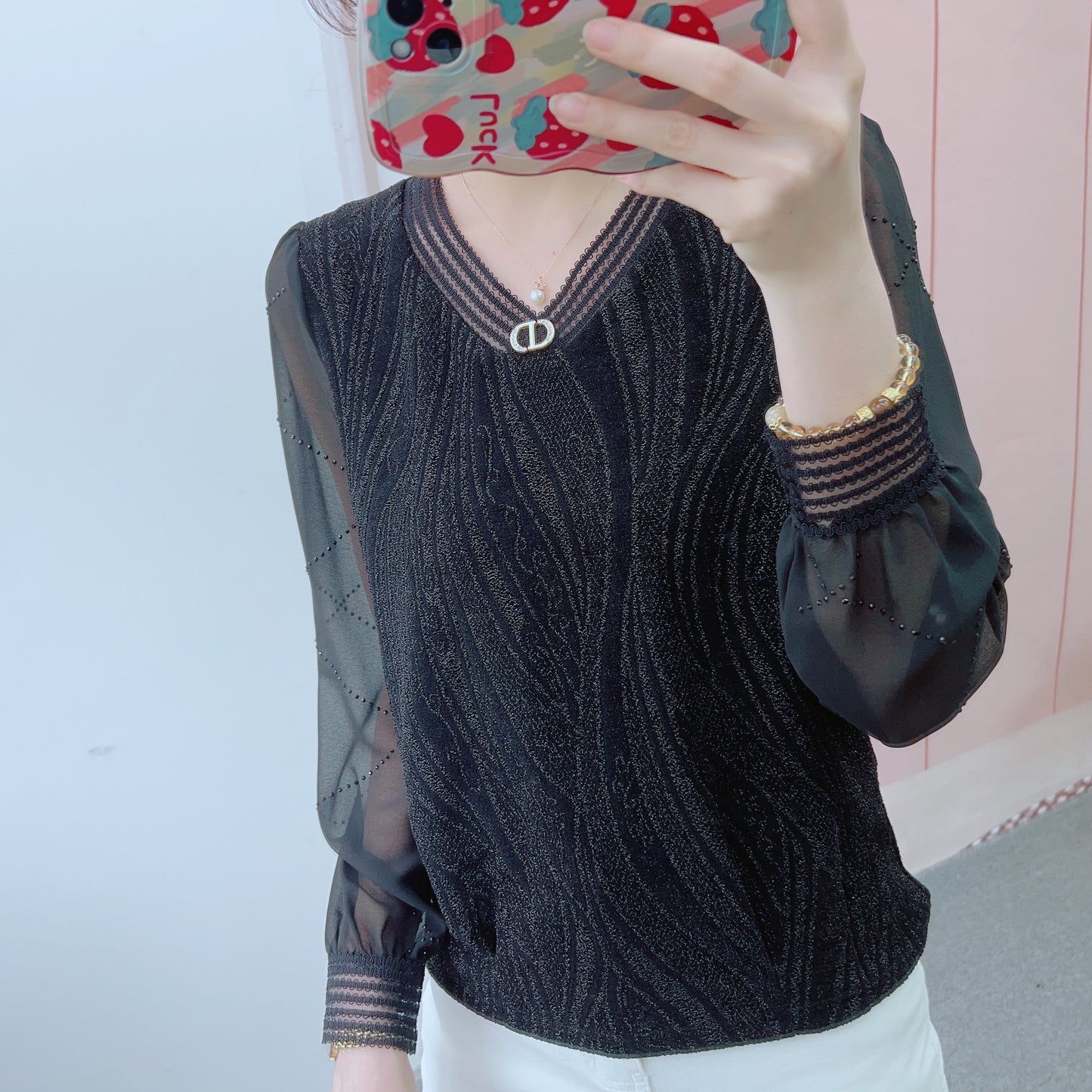 Dame Elegant Bluse med gennemsigtige pufærmer og kunstnerisk glitrende design Stilla