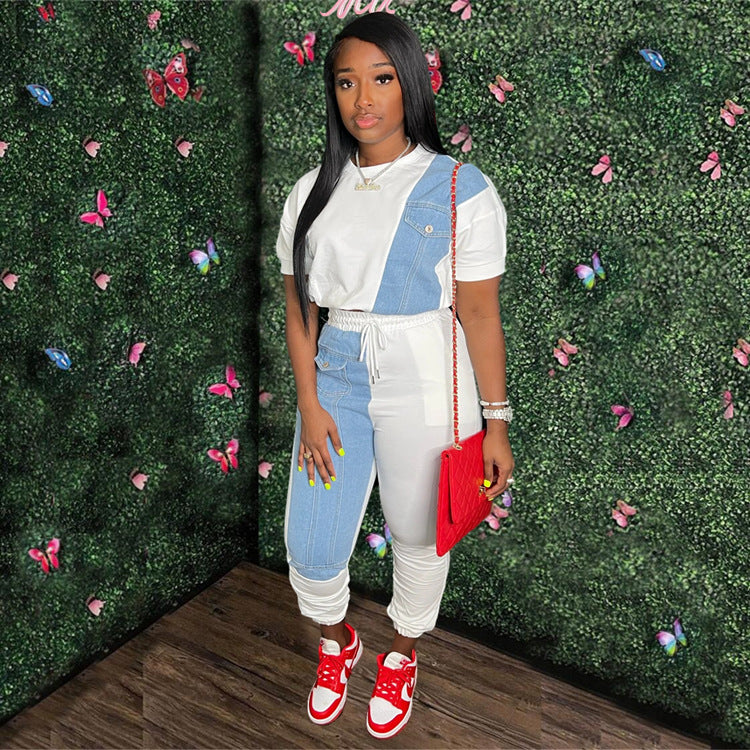 Dame Denim-Mix Joggingdragt med cropped top og elastisk talje Stilla