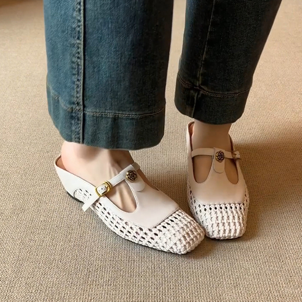 Dame Woven Mary Jane Slide Mules med dekorativ rem Stilla