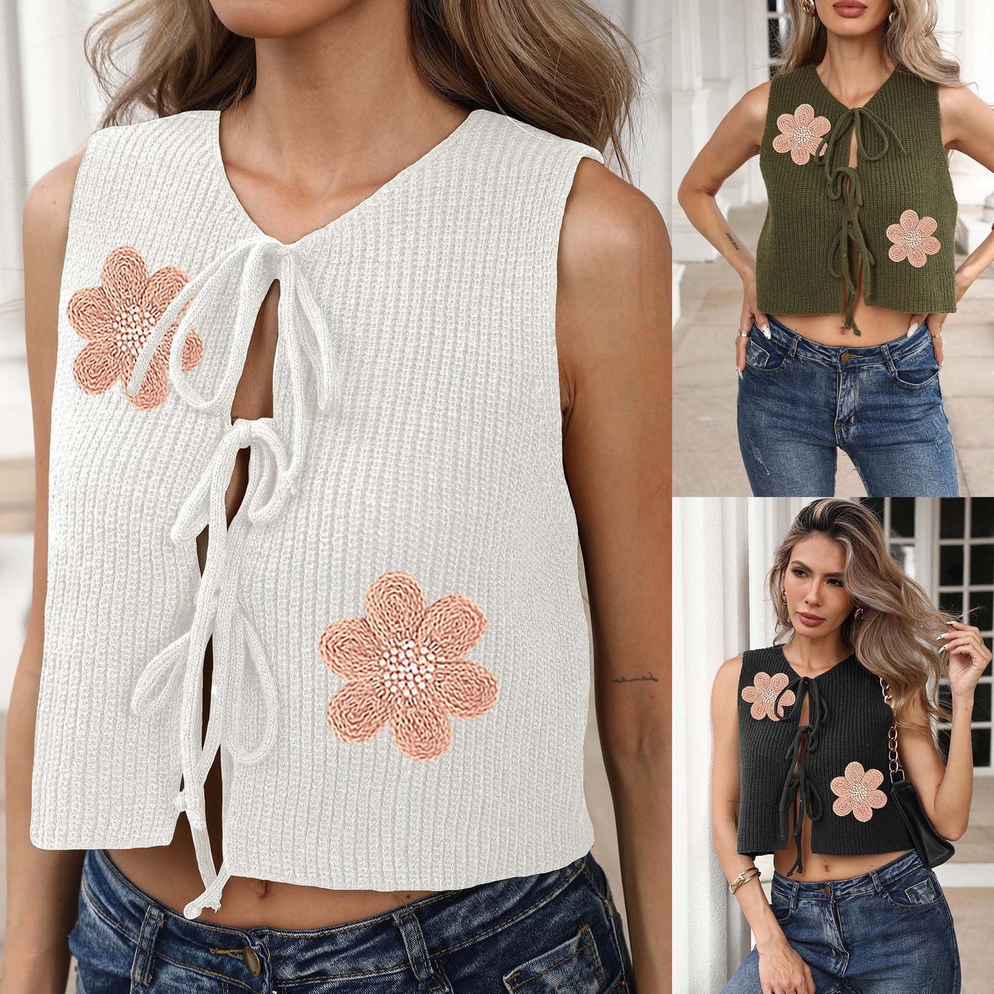 Dame Cropped Strik Blomster Cardigan Stilla