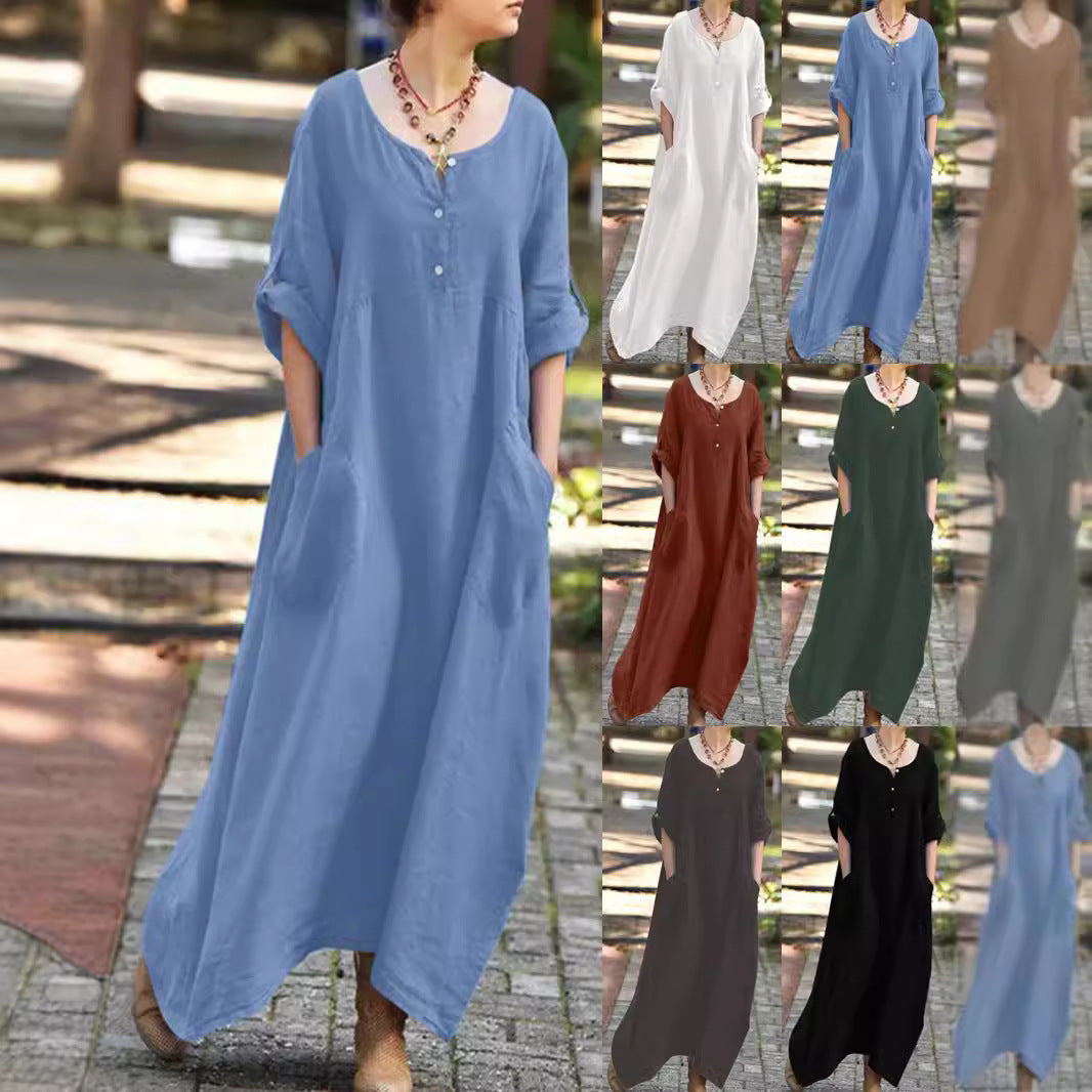 Dame afslappet langærmet kjole med praktiske lommer og knapdetaljer Stilla