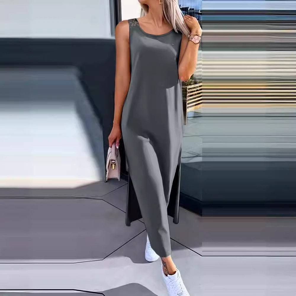 Dame afslappet langkjole med side slids og fine spids detaljer Stilla