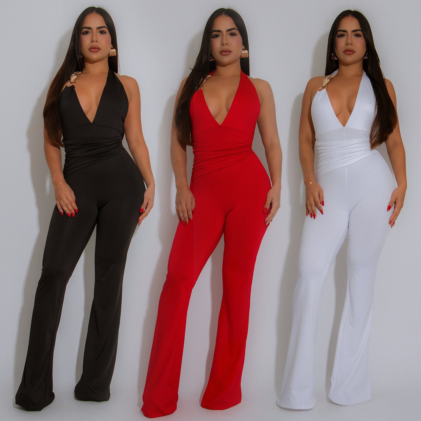 Dame Elegant Flydende Jumpsuit med dyb V-udskæring og tætsiddende silhuet Stilla