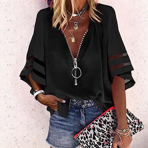 Dame afslappet bluse med justerbar lynlås og gennemsigtige ærmer Stilla