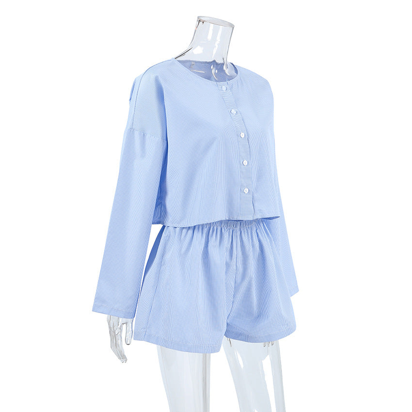 Dame afslappet cropped bluse- og shorts-sæt med vidde skårne ærmer og knapdetaljer Stilla