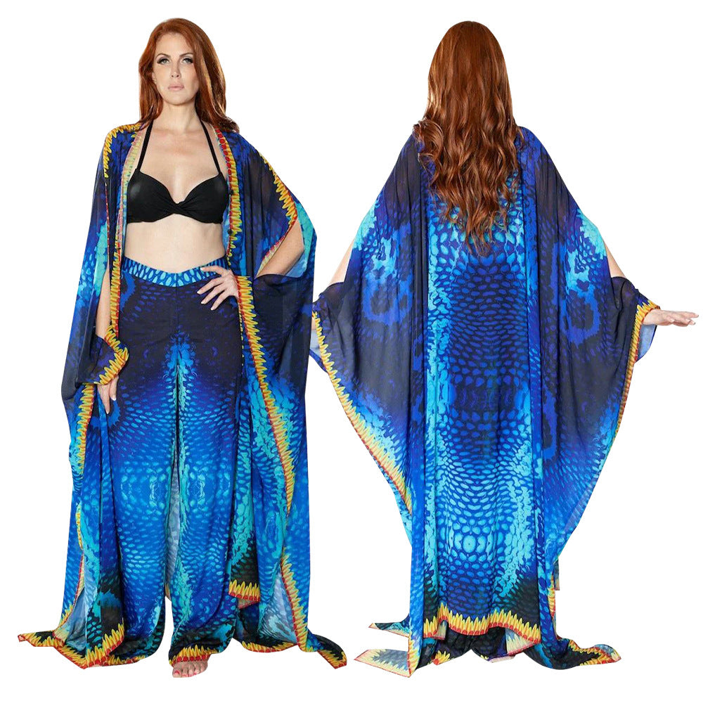 Dame Strand-Kimono med kunstnerisk slange motiv og vide ærmer Stilla