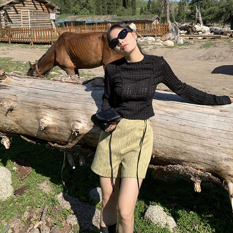 Dame cropped strikpullover med struktureret design og fint mønster Stilla