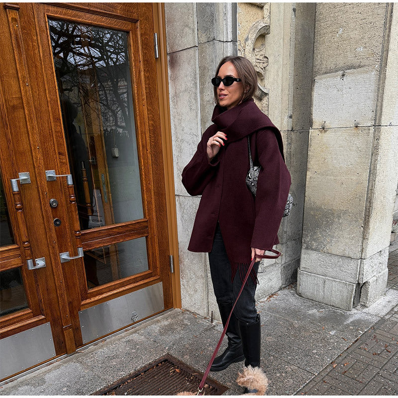 Dame afslappet oversized jakke med integreret tørklæde Stilla