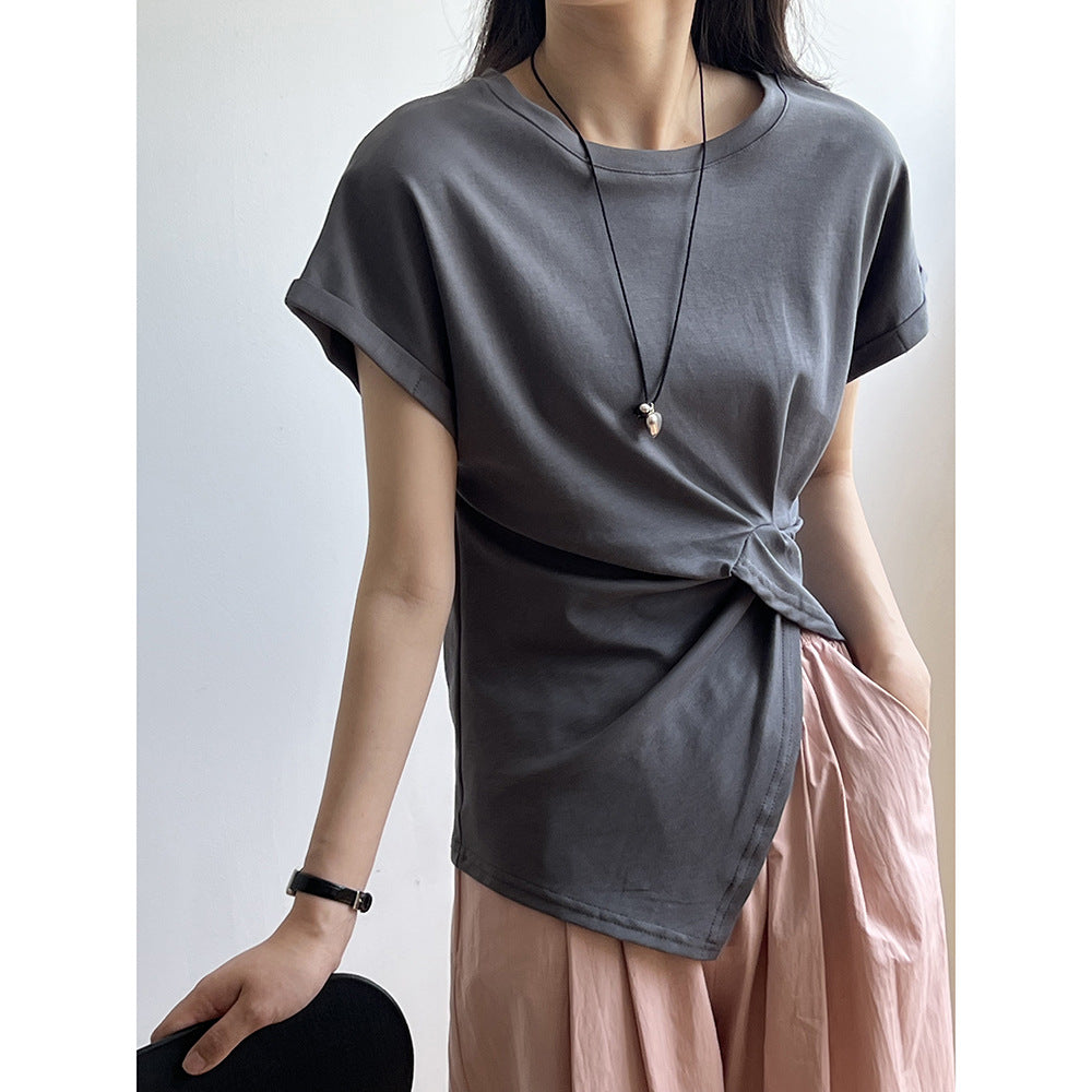 Dame afslappet knude t-shirt lavet af kvalitets bomuld med rullet ærme Stilla