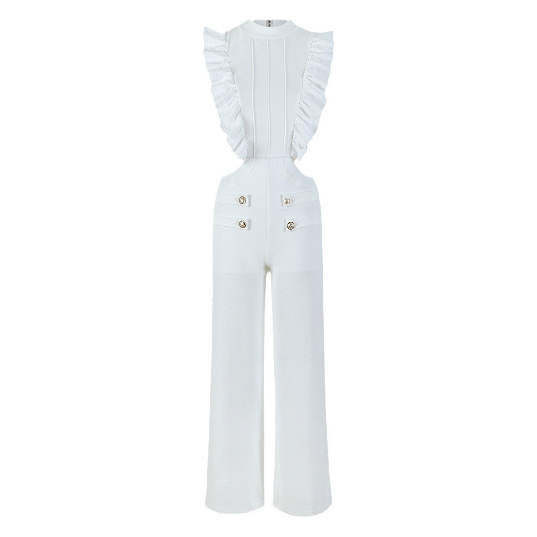 Dame jumpsuit med voluminøse flæser og elegante udskæringer Stilla