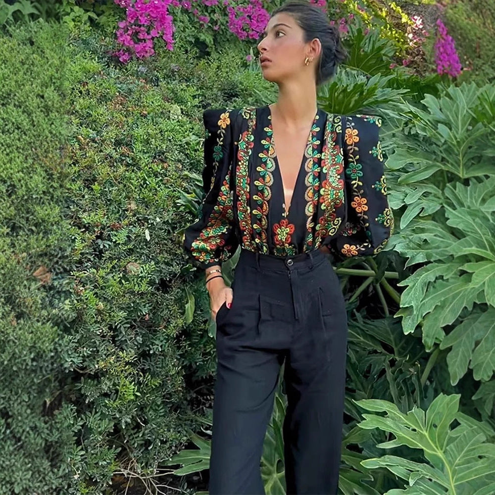 Dame Elegant Bluse med puffærmer og blomsterbroderi Stilla