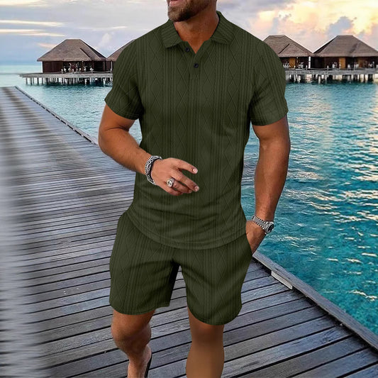 Herrer Strukturstrik Polo og Shorts Sæt Stilla